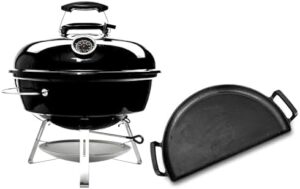 Here is the optimized SEO meta description:

"Portability meets flavor with SnS Grills' Travel BBQ Deluxe Bundle, featuring a portable kettle grill and cast iron drip 'n griddle pan. Perfect for camping trips or backyard gatherings!"
