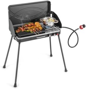 Cook up outdoor adventures with this portable camping stove! Boasting 22,000 BTUs and a detachable grill, it's perfect for picnics. Enjoy easy cooking in the wilderness with its windscreen design.
