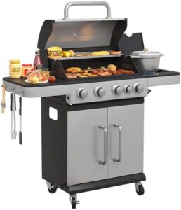 Here is the optimized meta description:

"Upgrade your outdoor cooking with the Vicllax 4-Burner Propane Gas Grill, featuring porcelain-enameled grates and 545 sq. in XL cooking space. Perfect for backyard parties! Includes easy-clean drip tray and storage cabinet."