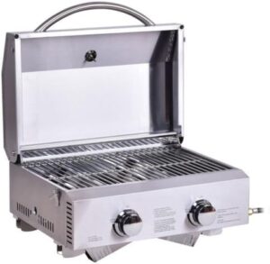 Here is the output:

"Compact and portable 2-burner propane grill perfect for camping or outdoor gatherings, with stainless steel construction and tabletop design for easy use."