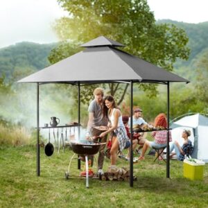 "Enhance your outdoor grilling experience with the Grill Gazebo, featuring a spacious 8'x5' shelter and air vent for ventilation. Includes 7 versatile hooks for hanging utensils and accessories. Perfect for patio or backyard gatherings."