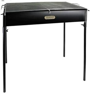 Here is the meta description:

"Savor outdoor gatherings with this artisanal iron barbecue featuring wheels, adjustable wind protector, and wooden side surface. Perfect for charcoal and firewood use, compact design measures 80 x 42 cm."