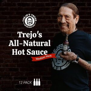 Discover the perfect blend of heat and flavor with Trejo's All-Natural Hot Sauce, 12-pack of 5 oz. bottles in medium heat, made from a blend of peppers and zero calories, Non-GMO for a delicious experience.