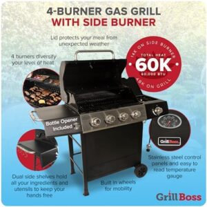 Discover the ultimate outdoor cooking experience with Grill Boss' Propane Gas Grill featuring a side burner, lid, wheels, shelves & bottle opener. Perfect for BBQ enthusiasts.