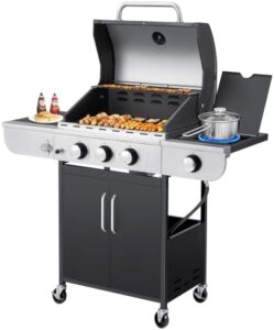 Discover the MELLCOM 3 Burner BBQ Propane Gas Grill, featuring 34,000 BTUs of power, stainless steel construction, and a convenient side table for outdoor cooking.
