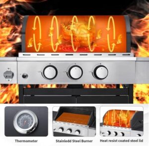 Discover the MELLCOM 3 Burner BBQ Propane Gas Grill, featuring 34,000 BTUs of power, stainless steel construction, and a convenient side table for outdoor cooking.