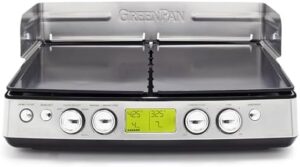 Elevate your grilling game with the GreenPan Stainless Steel Elite XL Smoke-less Grill & Griddle, featuring healthy ceramic nonstick surfaces and interchangeable cast aluminum plates.