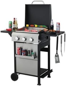 Here is the generated SEO meta description:

"Experience outdoor grilling perfection with this 3-burner propane gas BBQ grill featuring wire enamel cooking grids and a plancha. Perfect for backyard barbecues, includes foldable side table and hanging basket."