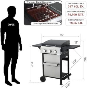 Here is the generated SEO meta description:

"Experience outdoor grilling perfection with this 3-burner propane gas BBQ grill featuring wire enamel cooking grids and a plancha. Perfect for backyard barbecues, includes foldable side table and hanging basket."