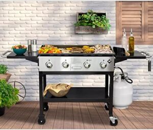 Here is a valid output:

"Upgrade outdoor cooking with the Member's Mark 4-Burner Outdoor Gas Griddle, perfect for large families or gatherings. Heat up to 400°F and cook multiple dishes simultaneously!"