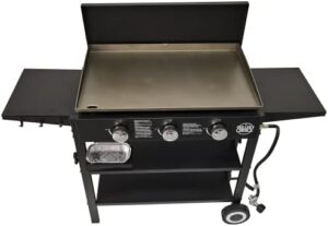 Discover the ultimate outdoor cooking experience with this Gas Griddle featuring a hinged hood, wind guards, and 4 shelves. Perfect for propane-powered flattop grills!