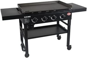 Cook up a storm with Char-Griller's Flat Iron Propane Gas Griddle, featuring 4 burners, steel griddle top, and instant ignition. Perfect for large families or outdoor gatherings, with 775 sq in cooking space.