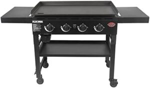 Cook up a storm with Char-Griller's Flat Iron Propane Gas Griddle, featuring 4 burners, steel griddle top, and instant ignition. Perfect for large families or outdoor gatherings, with 775 sq in cooking space.