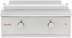 Discover the BLAZE 30-Inch Built-In Natural Gas Outdoor Griddle, featuring illuminated control knobs and a push-and-turn flame thrower for effortless cooking. Perfect for outdoor kitchens, this stainless steel griddle offers exceptional performance and durability.
