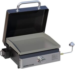 Savor outdoor meals with the 18 Inch Portable Propane Gas Grill, featuring a lid and stainless steel front plate, perfect for camping or backyard BBQs. Cook up to 300°F with ease!
