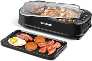 Here is the optimized SEO meta description:

"Indulge in Korean BBQ flavors with CUSIMAX's electric smokeless grill. 1500W power, smart display, and tempered glass lid for a seamless cooking experience. Non-stick plates and griddle included."