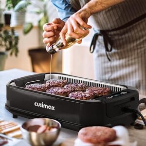 Here is the optimized SEO meta description:

"Indulge in Korean BBQ flavors with CUSIMAX's electric smokeless grill. 1500W power, smart display, and tempered glass lid for a seamless cooking experience. Non-stick plates and griddle included."