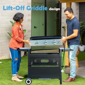 Cook up a culinary masterpiece with the GREEN PARTY 27" BBQ Propane Gas Griddle, featuring a ceramic coated cast iron pan and lift-off design for easy cooking at home or on-the-go. Perfect for outdoor cooking, camping, or tailgating!