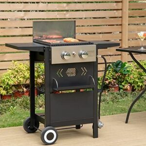 "Upgrade your outdoor cooking with the MFSTUDIO 2-Burner Propane Gas BBQ Grill featuring a cast iron griddle pan, perfect for small spaces. 20,000 BTU output and compact design make it ideal for patios, backyards, and balconies."