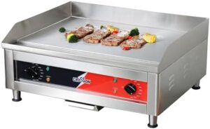 Upgrade your commercial kitchen with the Crosson 24"*16" Electric Griddle, featuring a heavy-duty non-stick iron plate and bonus spatulas. Perfect for high-volume use.