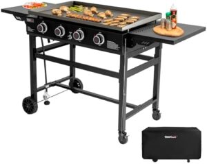 "Cook up a storm outdoors with the Royal Gourmet GB4001C-N 4 Burner Propane Gas Griddle. Perfect for BBQs and grilling, featuring foldable side tables and 52,000 BTUs output. Limited time discounts available!"
