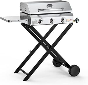 Here is the generated SEO meta description:

"Portability perfected! Onlyfire's 3-Burner Gas Griddle features a foldable cart & side table, ideal for outdoor cooking, patio use, or camping. Perfect for RVs and tailgating events."