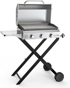 Here is the generated SEO meta description:

"Portability perfected! Onlyfire's 3-Burner Gas Griddle features a foldable cart & side table, ideal for outdoor cooking, patio use, or camping. Perfect for RVs and tailgating events."