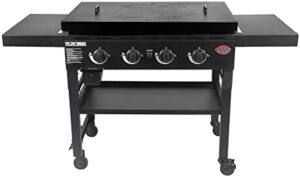 Sizzling grilling experience on your patio! Char-Griller's Flat Iron Propane Gas Griddle features 4 burners, steel griddle top, wind guards, and removable lid. Perfect for large families or backyard gatherings.