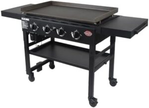 Sizzling grilling experience on your patio! Char-Griller's Flat Iron Propane Gas Griddle features 4 burners, steel griddle top, wind guards, and removable lid. Perfect for large families or backyard gatherings.