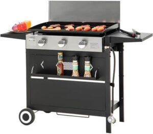 Here is the generated SEO meta description:

"Upgrade your outdoor cooking with Sophia & William's 27-Inch Flat Top Grill featuring a ceramic coated cast iron griddle, 3-burner propane gas BBQ grill and portable design. Perfect for camping trips or backyard gatherings."