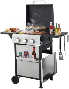 Here is the optimized SEO meta description:

"Master outdoor cooking with this 2-in-1 propane gas grill combo featuring enameled cast iron grids and stainless steel plancha, perfect for patio or backyard use, 36900 BTU heat output, ideal for camping trips and family gatherings."