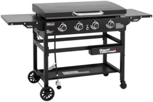 Master the art of outdoor cooking with Royal Gourmet's GB4000P propane gas griddle, featuring 4 burners, foldable side tables and a hard cover. Cook for up to 4 people on its spacious 35" flat top grill with 766 sq. in. cooking area.