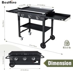 Savor outdoor cooking experiences with the BESTFIRE 3 Burner Flat Top Grill, featuring 45,000 BTU power and foldable shelves for effortless cooking. Perfect for camping or kitchen use.