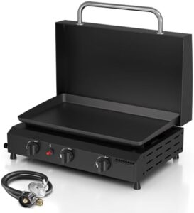 Here is the generated SEO meta description:

"Cook up a storm with this stainless steel 3 burner BBQ gas griddle, perfect for camping or backyard gatherings. Portable design and detachable propane grill with lid included."
