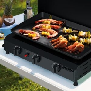 Here is the generated SEO meta description:

"Cook up a storm with this stainless steel 3 burner BBQ gas griddle, perfect for camping or backyard gatherings. Portable design and detachable propane grill with lid included."