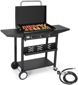Here is the meta description:

"Cook anywhere with this portable 2-in-1 propane griddle featuring a stainless steel flat top grill with lid and 3 burners. Perfect for outdoor BBQ, camping or kitchen use."