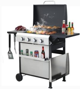 Enhance your outdoor cooking experience with the 4 Burner Outdoor Griddle Grill Combo, featuring 2 in 1 propane gas BBQ grill with enameled cast iron grids and stainless steel plancha. Perfect for patio or backyard use.