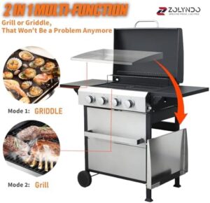 Enhance your outdoor cooking experience with the 4 Burner Outdoor Griddle Grill Combo, featuring 2 in 1 propane gas BBQ grill with enameled cast iron grids and stainless steel plancha. Perfect for patio or backyard use.