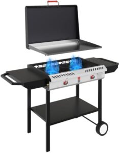 Mastering your outdoor cooking experience with the GasOne Gas Griddle, a 2-burner propane stove featuring a flat top grill and modular cast iron design. Perfect for camping trips or backyard gatherings, this cart grill includes wheels for easy mobility.