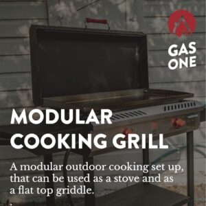 Mastering your outdoor cooking experience with the GasOne Gas Griddle, a 2-burner propane stove featuring a flat top grill and modular cast iron design. Perfect for camping trips or backyard gatherings, this cart grill includes wheels for easy mobility.