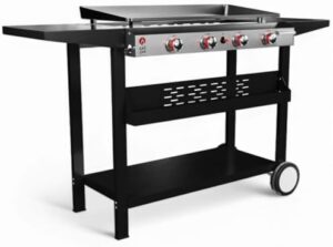 "Upgrade your outdoor cooking experience with the Gas One Flat Top Grill featuring 4 burners, stainless steel construction, and auto ignition. Perfect for camping trips or backyard gatherings."