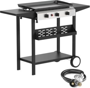 Here is the generated SEO meta description:

"Upgrade your outdoor cooking experience with this 3 Burner BBQ Gas Griddle, featuring 30,000 BTU heat and detachable propane grill. Perfect for camping, includes side shelves for extra prep space."