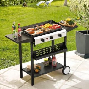 Here is the generated SEO meta description:

"Upgrade your outdoor cooking experience with this 3 Burner BBQ Gas Griddle, featuring 30,000 BTU heat and detachable propane grill. Perfect for camping, includes side shelves for extra prep space."
