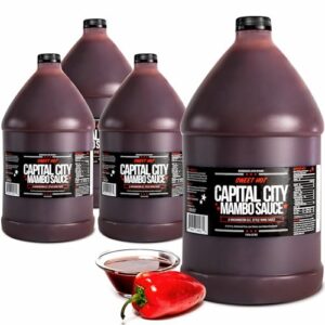 Experience the bold flavors of Mambo Sauce Sweet Hot with this 4-pack of 1-gallon condiments perfect for wings, chicken, pork, beef, seafood, burgers, rice, and noodles.