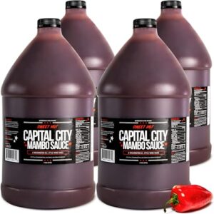 Experience the bold flavors of Mambo Sauce Sweet Hot with this 4-pack of 1-gallon condiments perfect for wings, chicken, pork, beef, seafood, burgers, rice, and noodles.