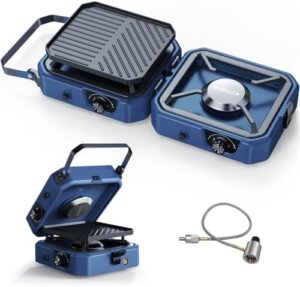 Boost your outdoor adventures with the 2 Burner Propane Camping Stove, featuring 16,000 BTU, foldable design and easy carrying handle. Perfect for camping, BBQs or emergency situations, with two adjustable burners and piezo ignition.