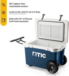 Keep cool on the go with this ultra-light wheeled cooler, insulated for hot or cold items. 52 Quart capacity, perfect for beach days, camping trips, and more!
