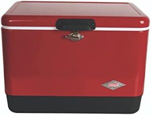 Here is the generated meta description:

"Keep your drinks and snacks cold for up to 4 days with this vintage steel belted cooler, featuring an 85-can capacity and easy drain system. Perfect for camping trips or outdoor events."