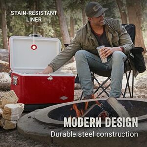 Here is the generated meta description:

"Keep your drinks and snacks cold for up to 4 days with this vintage steel belted cooler, featuring an 85-can capacity and easy drain system. Perfect for camping trips or outdoor events."