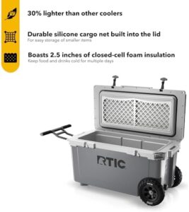 Stay cool on-the-go with the 72 Quart Ultra-Light Wheeled Cooler, 30% lighter than rotomolded coolers. Perfect for camping, picnics, and beach trips, this portable ice chest box keeps drinks fresh all day.